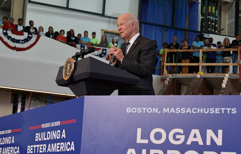 Joe Biden speaking at Boston Logan Airport