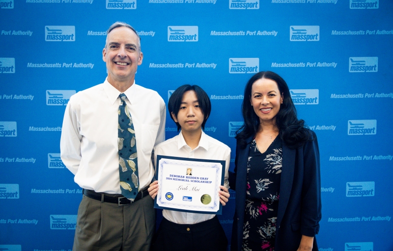 Leah Mai (center) with David Gray, husband of Deborah Hadden Gray (left) and Alaina Coppola, Director of Community Relations & Government Affairs (right)