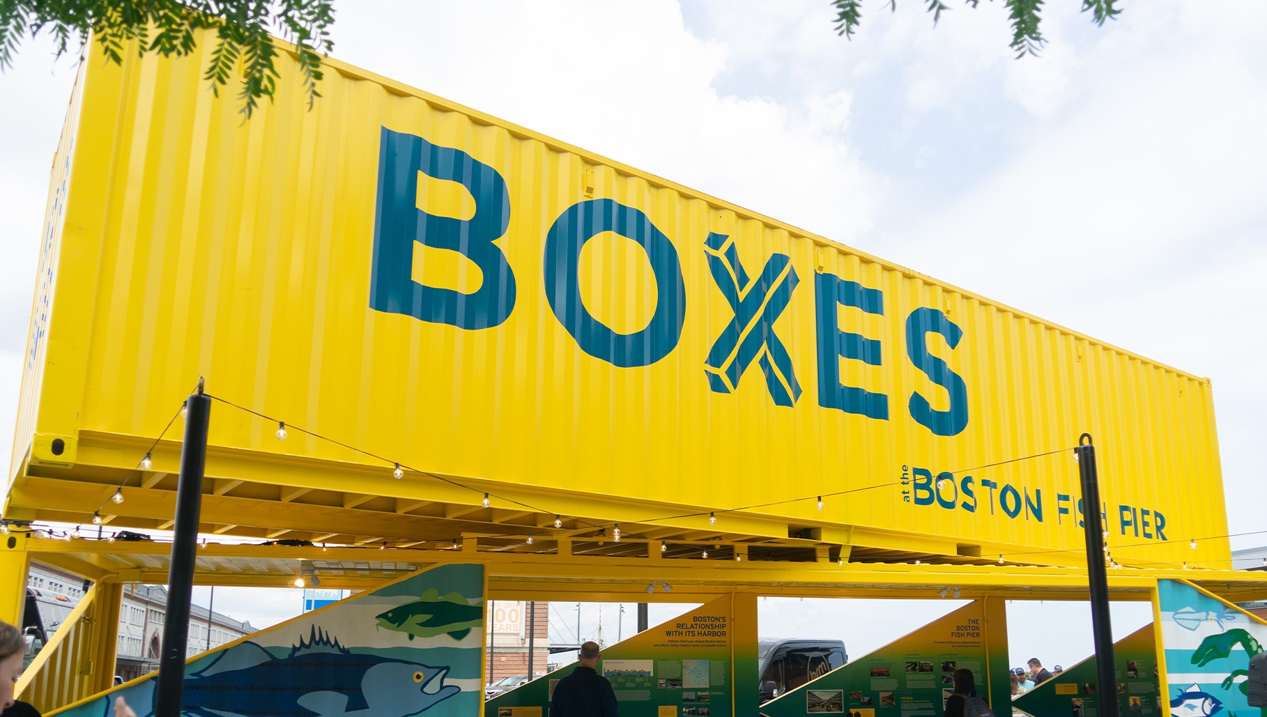 Yellow cargo shipping boxes at the fish pier