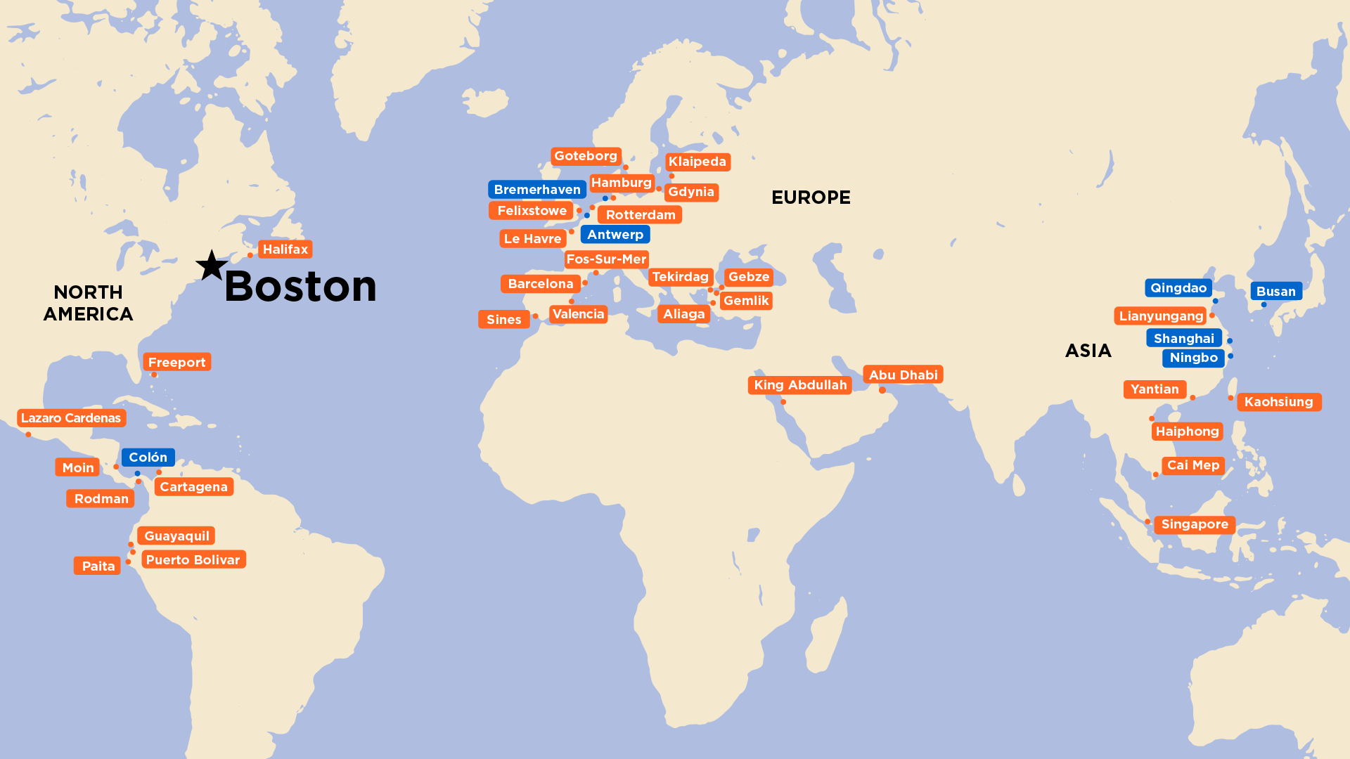 Map of cargo ship destinations