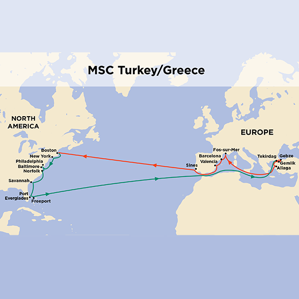 USA to Turkey Greece map