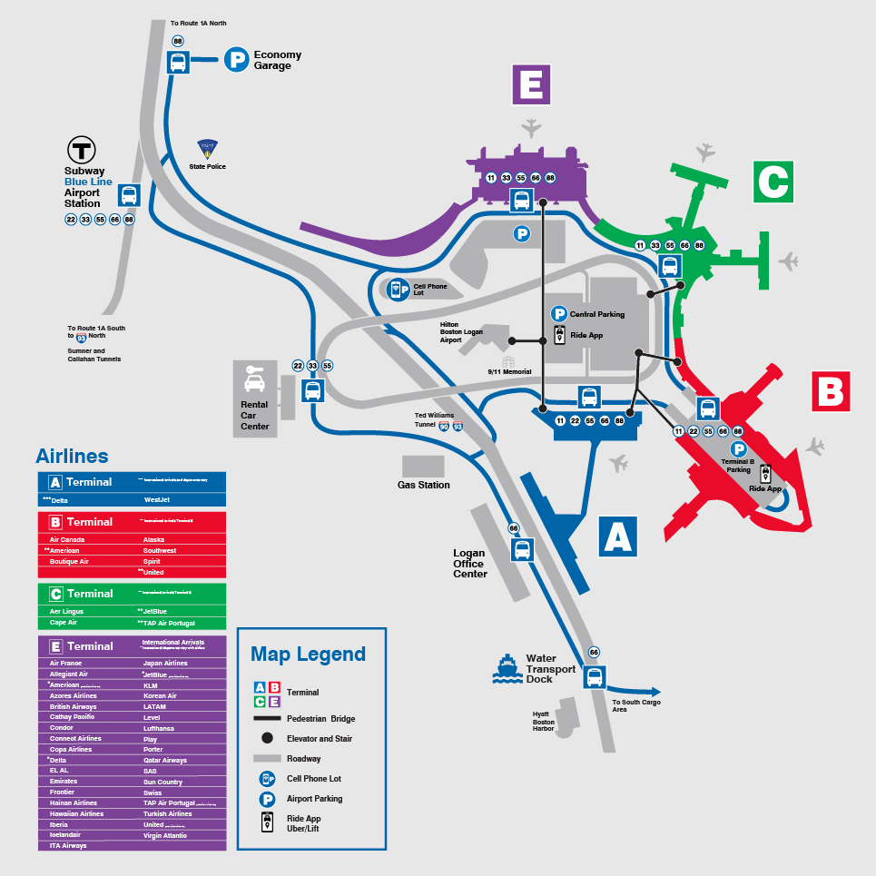 Map of bus routes at Logan International Airport