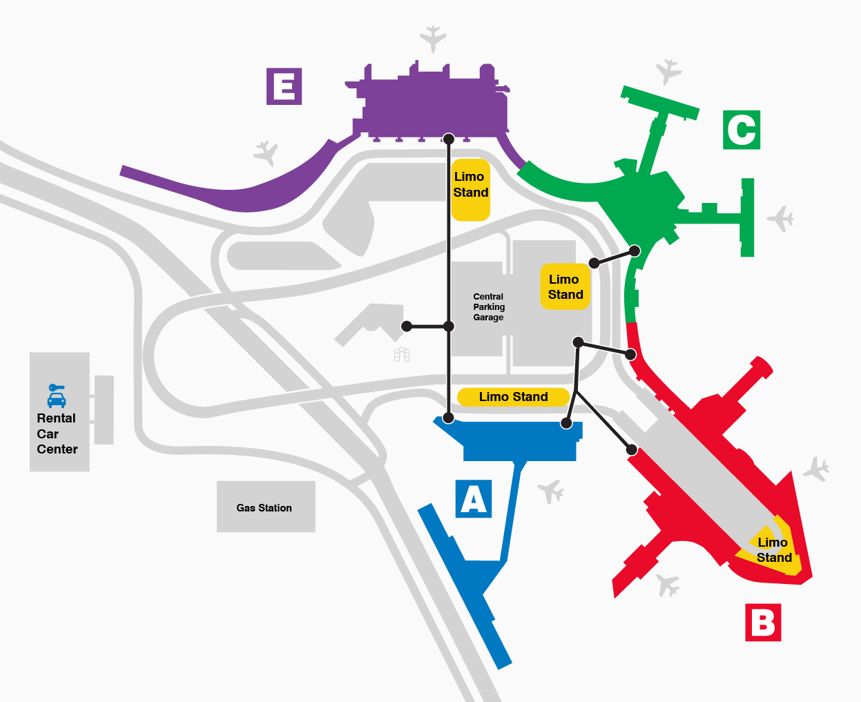 Map of Boston Logan Terminals with Limo Stands highlighted