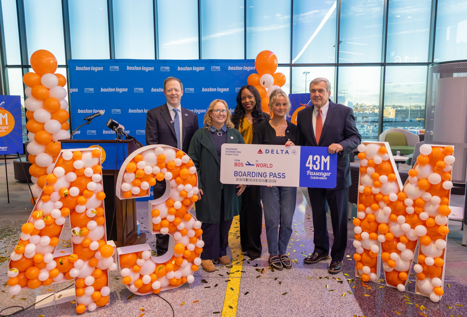 “Massport CEO Rich Davey, MassDOT Undersecretary Hayes Morrison, Delta Air Lines Candice Stover, 43 Millionth passenger Reagan Berry, and Massport Director of Aviation Ed Freni celebrate the busiest year at Boston Logan International Airport.”