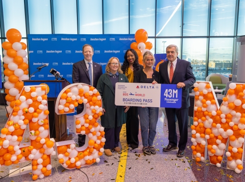 “Massport CEO Rich Davey, MassDOT Undersecretary Hayes Morrison, Delta Air Lines Candice Stover, 43 Millionth passenger Reagan Berry, and Massport Director of Aviation Ed Freni celebrate the busiest year at Boston Logan International Airport.”